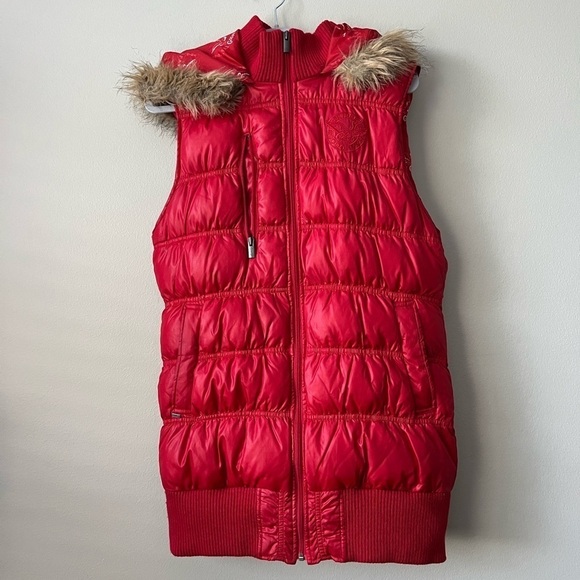 Triple Fat Goose Down Puffer Vest Hooded Faux Fur Trim Red Size Large Excellent - Picture 1 of 13